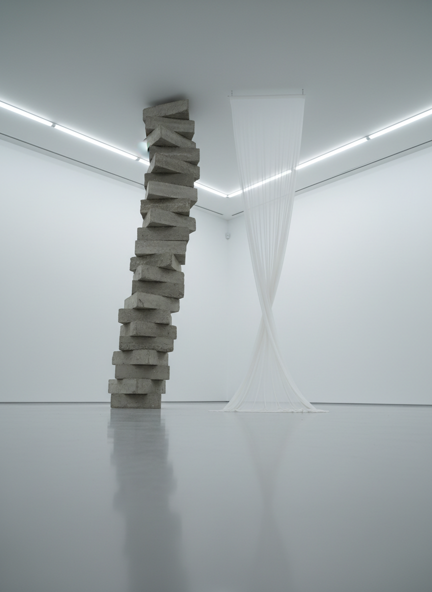 An austere corner installation in a contemporary gallery, where a tall, slender column of stacked, slightly misaligned concrete slabs rises beside a fragile, floor-length sheet of sheer white fabric suspended from the ceiling, gently twisting. The walls are chalk white, the floor pale gray resin, subtly reflective. A cool, linear LED light runs along the ceiling edge, casting even, shadowless illumination that emphasizes form and proportion, while a faint reflection of the column shimmers on the floor. Photographic realism, captured from a low, wide-angle perspective to accentuate verticality and tension between weight and lightness. The atmosphere is refined and contemplative, suggesting modern art as a sincere dialogue between fragility and solidity in life.