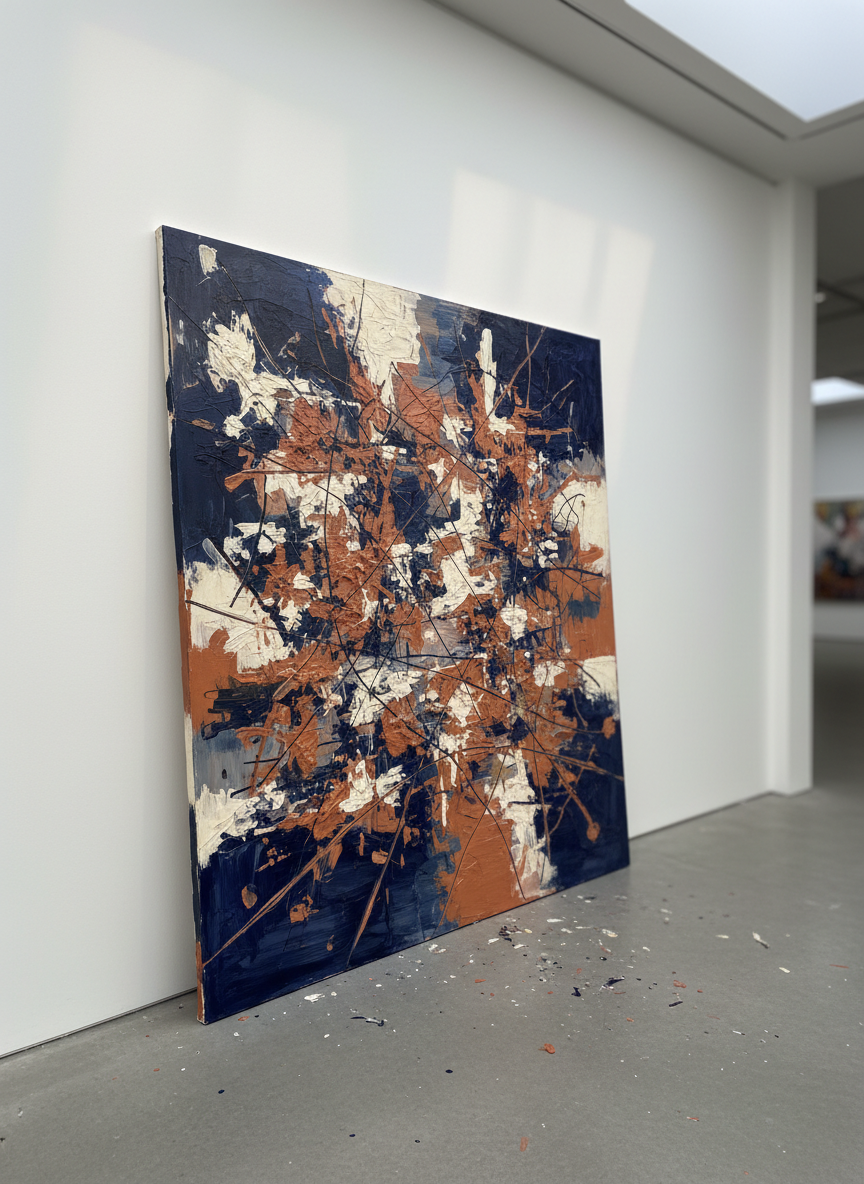 A large abstract canvas leaning against a pristine white gallery wall, covered in layered swaths of deep indigo, muted terracotta, and warm cream paint, with fine graphite lines intersecting like traces of lived experience. The canvas rests on a smooth concrete floor scattered with subtle paint flecks. Soft diffused daylight filters from an unseen skylight, casting velvety shadows along the wall and emphasizing the texture of brushstrokes and dried paint ridges. Photographic realism with a clean, modern aesthetic, shot at eye level with a slight angle, using shallow depth of field so the background recedes into a gentle blur. The mood is contemplative and sophisticated, suggesting modern art as a quiet reflection on life’s complexity.