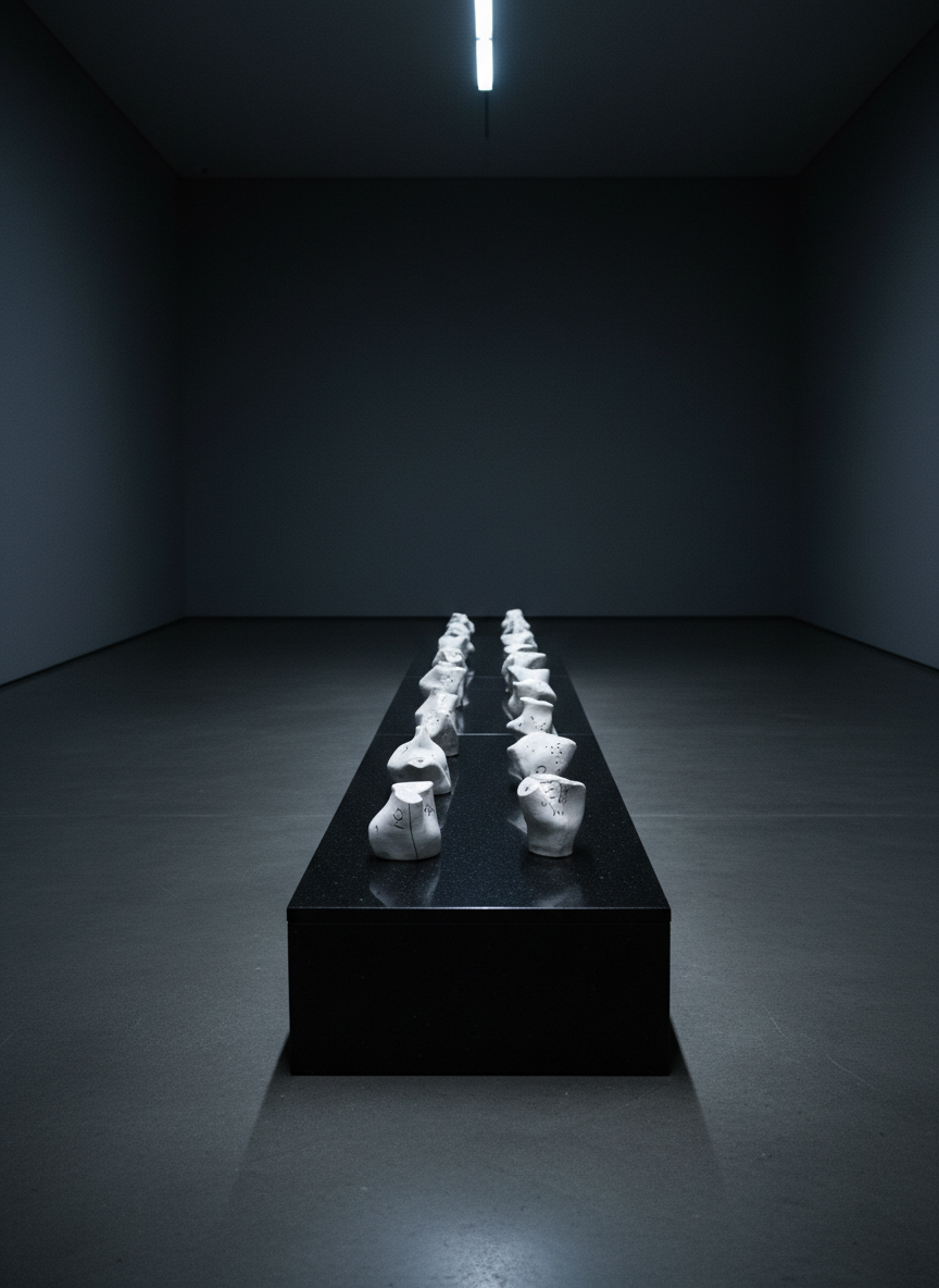 An elongated black granite plinth set in the middle of a spacious, dimly lit gallery, supporting a series of small, asymmetrical white ceramic forms arranged in a deliberate yet slightly irregular line, each piece subtly different, bearing faint hand-carved marks. The floor is matte charcoal concrete; the walls, nearly black, recede into darkness. A single overhead spotlight casts focused, cool-toned light, carving crisp highlights along the ceramics’ curves and deep shadows between them. Photographic realism, shot from a low, side-on angle to emphasize rhythm and depth, with a long, cinematic composition. The atmosphere is hushed and introspective, suggesting modern sculpture as a meditation on repetition, imperfection, and the passage of life.