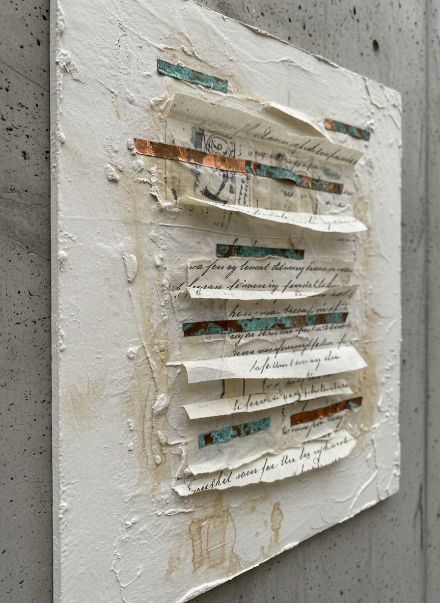 A close-up of a textured mixed-media artwork mounted on a raw concrete wall: delicate layers of translucent rice paper, fragments of handwritten notes, and thin strips of oxidized copper leaf emerge from a pale, plaster-like surface. Subtle cracks, scratches, and stains create an impression of time-worn memories embedded in the material. Soft overcast daylight drifts in from the right, bringing out every fiber and edge while casting gentle, diffuse shadows into the paper’s folds. Photographic realism with a tightly framed, almost macro perspective and sharp focus on surface detail. The mood is intimate and poetic, evoking modern art as a sincere archive of life’s traces and emotional patina.