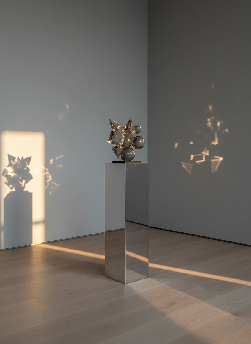 A minimalist studio corner featuring a single polished steel pedestal supporting a translucent glass sculpture composed of interlocking geometric forms, faintly tinted in smoky gray and pale amber. Behind it, a smooth dove-gray wall meets a pale oak floor, creating a calm, neutral environment. A narrow shaft of golden hour sunlight enters from the left, striking the glass and scattering delicate reflections and refractions across the wall and floor. Photographic realism with an eye-level, centered composition and generous negative space enhances the object’s presence. The atmosphere is serene and intellectual, evoking modern art as a precise, sincere observation of light, material, and time.