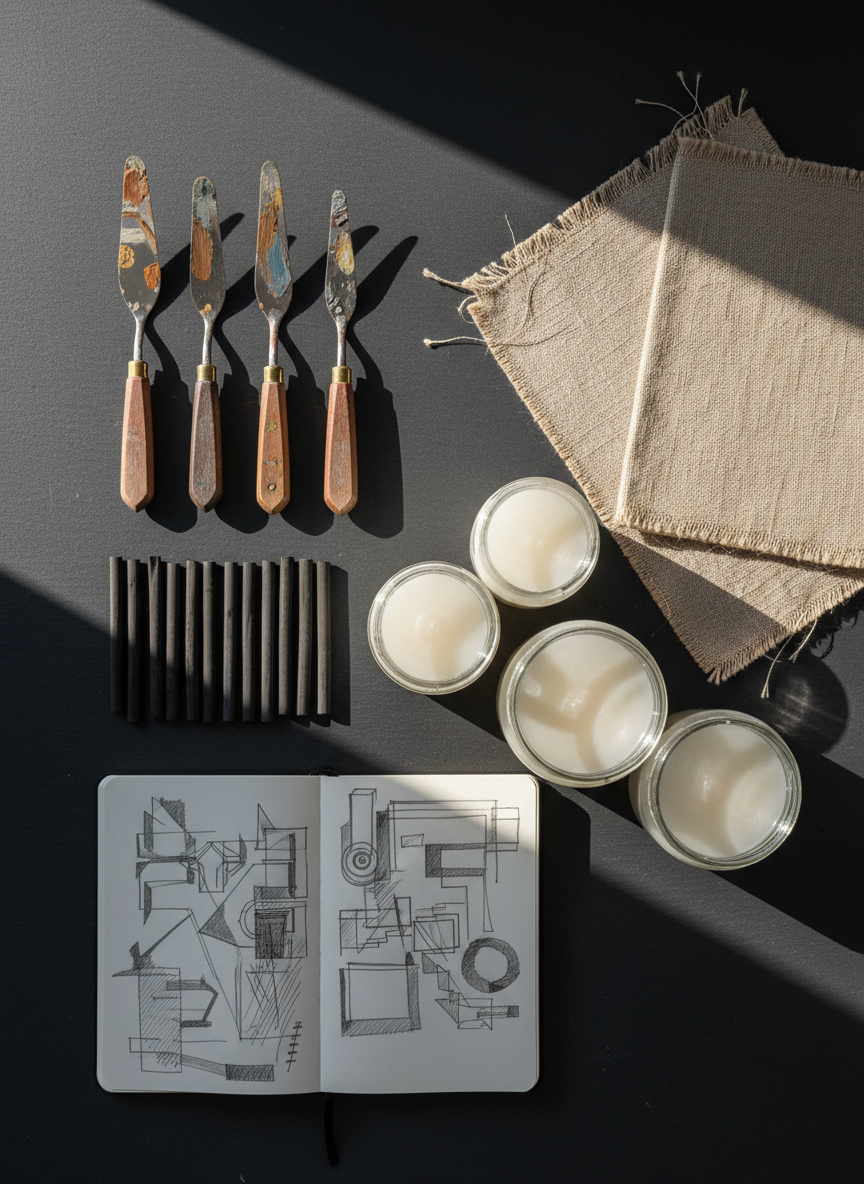 A meticulously arranged flat lay of modern art tools on a smooth, dark slate tabletop: large, well-used palette knives with dried streaks of muted pigments, neatly aligned charcoal sticks, folded linen canvases with raw edges, glass jars of clear gesso, and a single opened sketchbook showing abstract graphite studies. A narrow beam of late afternoon sunlight from an unseen window grazes the surface diagonally, producing elongated shadows and subtle highlights on metal and glass. Photographic realism, top-down bird’s-eye composition with balanced negative space around the arrangement, emphasizing order and craftsmanship. The mood is quiet, sophisticated, and anticipatory, presenting the sincere, behind-the-scenes life of a modern artist’s practice without ever revealing the artist.