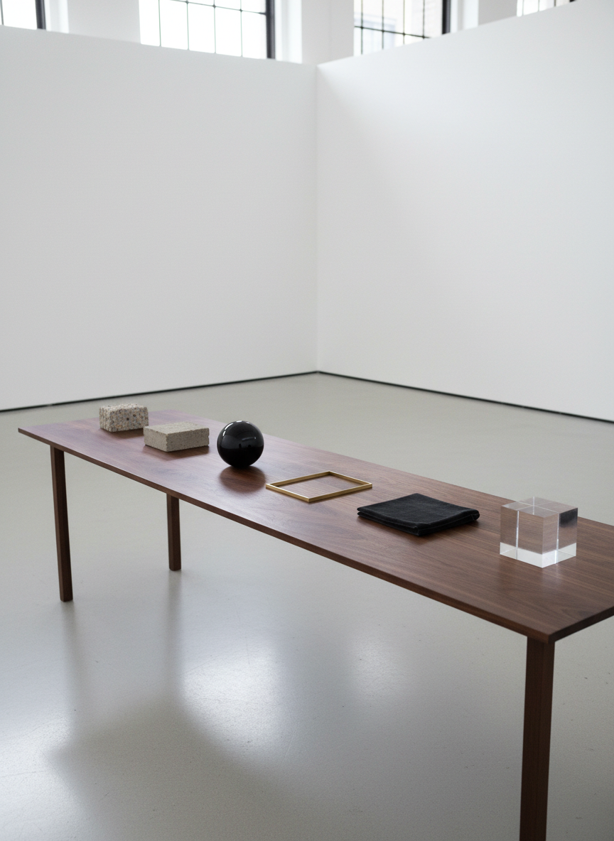 A long, narrow wooden table made of dark, oiled walnut stands in an otherwise empty white cube gallery, its surface meticulously arranged with a sequence of small, abstract objects: a rough concrete block, a perfectly smooth onyx sphere, a thin brass frame, a folded piece of charcoal velvet, and a single clear acrylic cube. The surrounding walls are pristine, the floor pale polished concrete. Large, high windows out of frame bathe the scene in cool, diffused daylight, creating soft, overlapping shadows under each object. Photographic realism with a slightly elevated, three-quarter angle and crisp depth of field, inviting the viewer to read the table as a quiet narrative of material and form. The mood is analytical yet emotive, reflecting sophisticated, modern art about life’s contrasts.